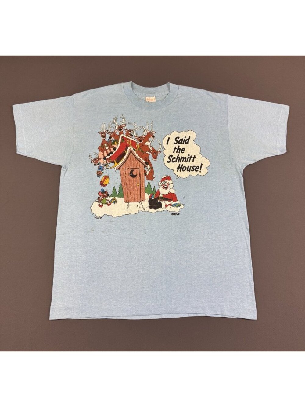 Rare Vintage 80s Santa Clause Christmas Art Funnt Single Stitch Blue Shirt Promo